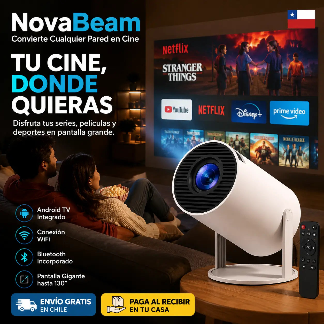 NovaBeam - Convierte Cualquier Pared en Cine. Proyector Led HY300 Android TV + Antena HD de regalo