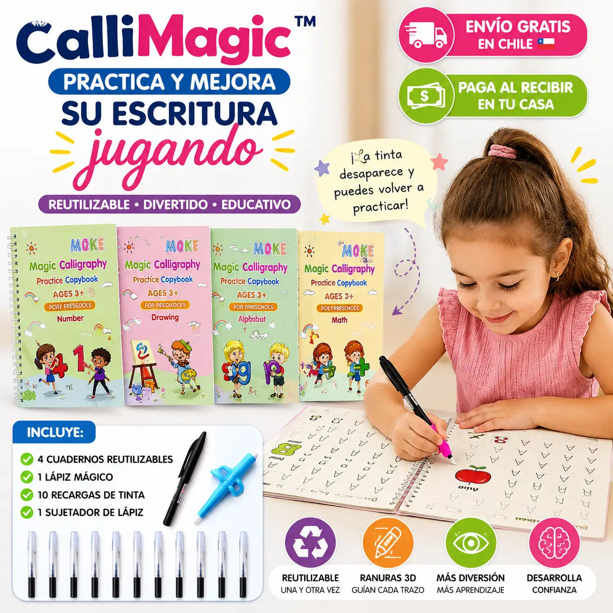 CalliMagic™ - Practica y mejora su escritura jugando (Kit:4 cuadernos reutilizables ✏️ 1 lápiz mágico🖊️ 10 recargas de tinta ✍️ 1 sujetador de lápiz). Método Montessori