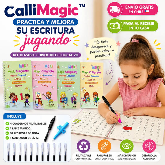 CalliMagic™ - Practica y mejora su escritura jugando (Kit:4 cuadernos reutilizables ✏️ 1 lápiz mágico🖊️ 10 recargas de tinta ✍️ 1 sujetador de lápiz). Método Montessori