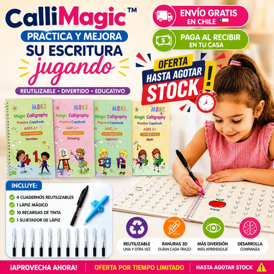 CalliMagic™ - Practica y mejora su escritura jugando (Kit:4 cuadernos reutilizables ✏️ 1 lápiz mágico🖊️ 10 recargas de tinta ✍️ 1 sujetador de lápiz). Método Montessori
