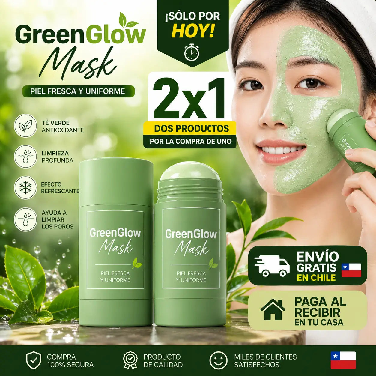 GreenGlow Mask - Piel Fresca y Uniforme (Té Verde en Barra) LLEVA 2x1